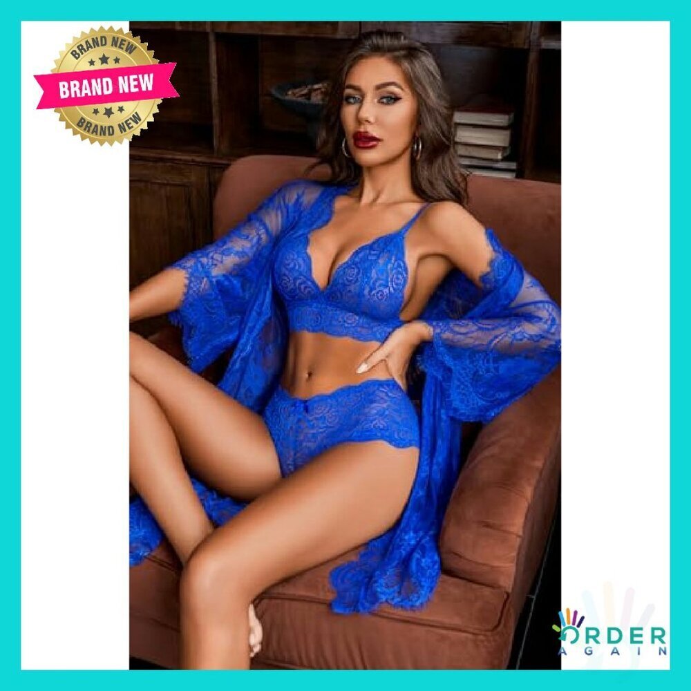 Lace Lingerie Set Elegant Mesh Robe Kimono Sleepwear Sexy 3 Piece - Picture 6 of 8